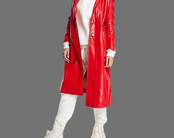 Red Vinyl Trench Coat Women, Faux Leather Raincoat For Women, Handmade Vintage Long Red Leather Jacket Women, Best Outerwear, Gift For Her