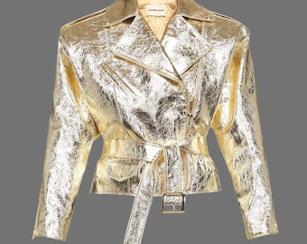 Goud metallic leren bikerjack - cropped bovenkleding met riem