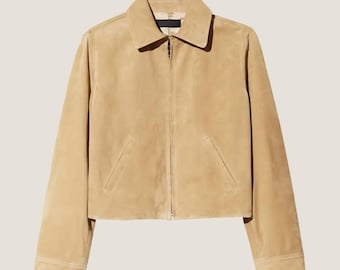 Handmade Beige Suede Cropped Jacket - Women's Goatskin Leather Outerwear