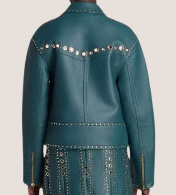 Blouson Moto En Cuir Sarcelle - Taille M Femme - Neuf Sans étiquettes - Style Motard Chic