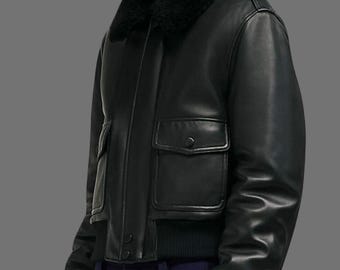 Men's Black Leather Jacket With Fur Collar – Shirt Style Bomber