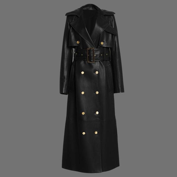 Real Leather Black Trench Coat – Gold Button Double-breasted