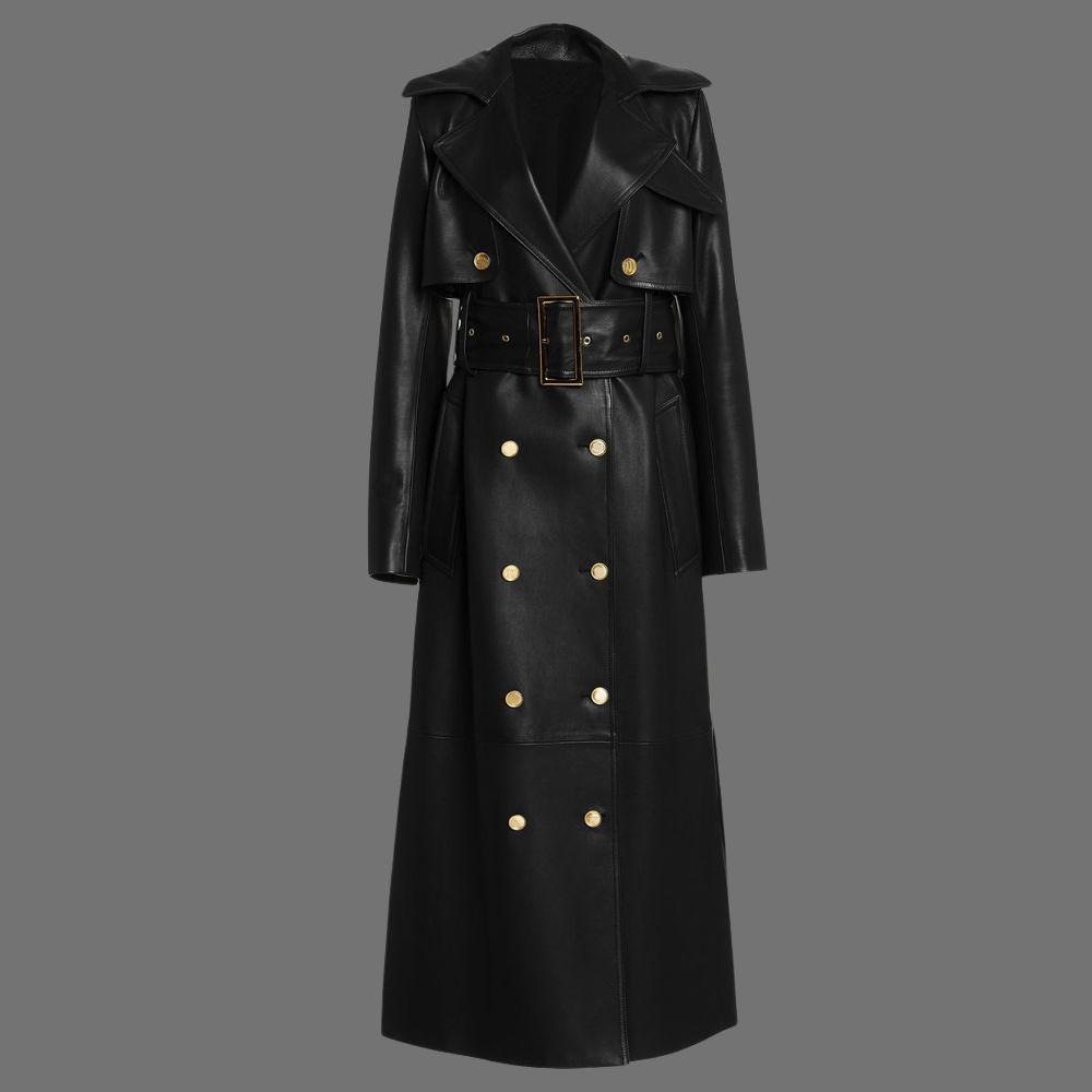 Real Leather Black Trench Coat – Gold Button Double-breasted