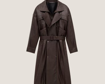 Men Brown Leather Trench Coat – Long Leather Moto Coat With Belt – Vintage Style Winter Outerwear & Fashion Wear - Gift For Him