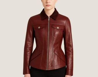 Handmade Crimson Sheepskin Leather Peplum Jacket – Corduroy Collar