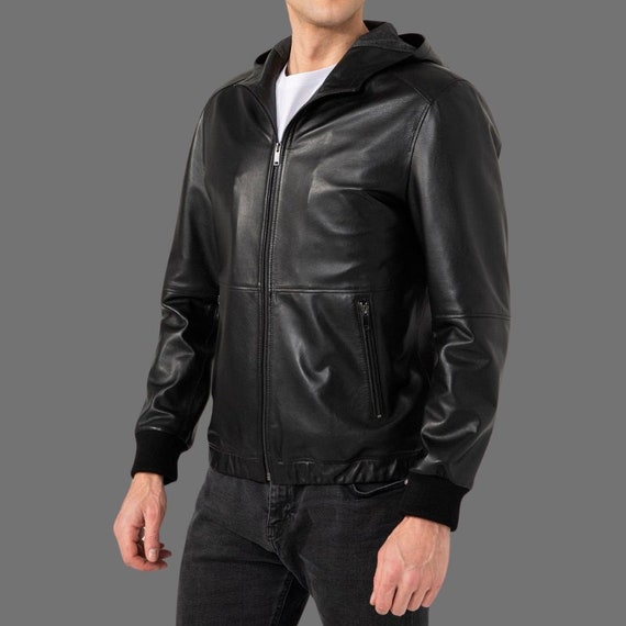 Buy Mens Black Hooded Leather Jacket, Mens Leather Jacket With