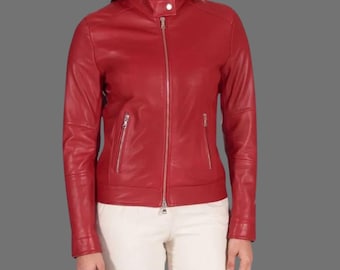 Red Leather Jacket Women, Motorcycle Style Short Leather Jacket Women, Lambskin Leather Bomber Racing Jacket, Best Outerwear Gift For Her