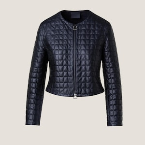 Quilted Leather Bomber Jacket - Handmade Zip Up Jacket - Blue Leather Jacket Women - Cropped Leather Jacket - Streetwear - Vintage Clothing