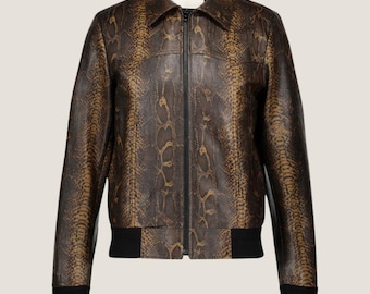 Snakeskin Embossed Sheepskin Leather Bomber Jacket - Men's Streetwear