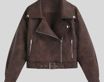 Women's Dark Brown Suede Biker Jacket – Cropped Moto Jacket
