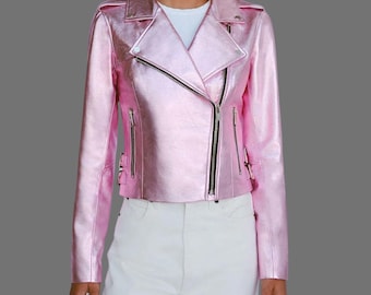 Pink metallic leather jacket best sale
