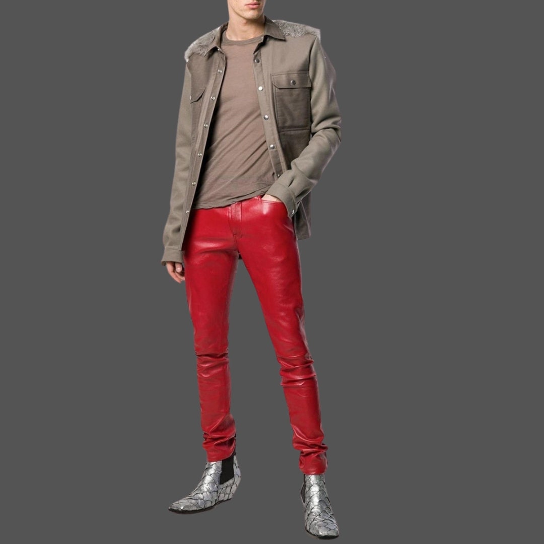 Pantalon En Cuir De Motard Matelassé Rouge Pour Homme - Taille 28 à 48 - Slim, Doublure - Neuf Avec étiquettes