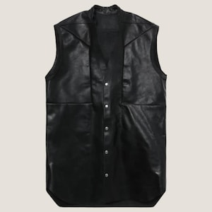 Men&#39;s Black Leather Button-Up Vest – Genuine Leather Longline Sleeveless Jacket – Streetwear Biker Vest For Streetwear - Luxuy Designer Wear