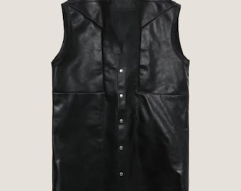 Chaleco largo de cuero genuino negro para hombre – Chaqueta de motociclista sin mangas