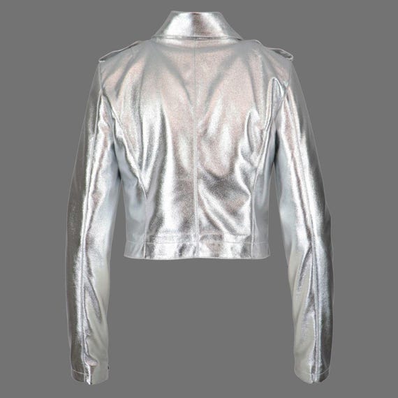 Damen Silber Metallic Leder Bikerjacke Paillettenbeschnittene