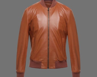 Men's Brown Leather Bomber Jacket – Vintage Style, Satin Lined