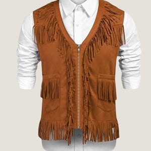 Men&#39;s Brown Suede Fringe Vest: Handmade Western Cowboy Gilet