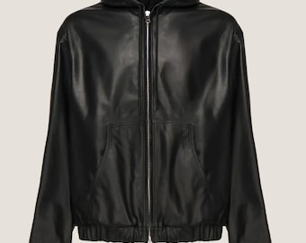 Handmade Black Lambskin Leather Hoodie - Men's Streetwear Jacket