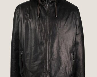 Black Leather Hooded Jacket – Mens Zip Up Hoodie, Handmade