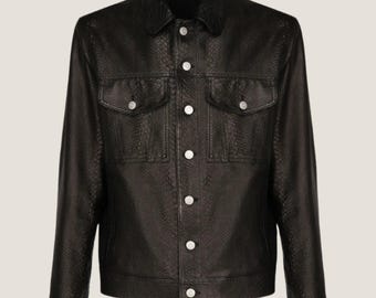 Men's Handmade Embossed Scale Leather Jacket – Black Trucker Style