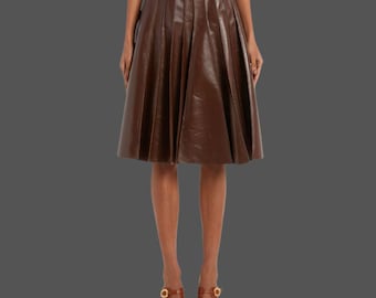 Handmade Brown Leather Pleated Midi Skirt - Women's Modern Streetwear