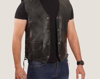 Vintage Black Leather Motorcycle Vest, V-Neck Biker Fashion