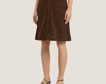 Coffee Brown Suede Midi Skirt Women – High Waist A-Line Skirt For Outerwear – Minimalist Vintage Leather Skirt - Gift For Her