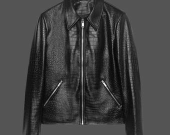 Mens Black Lambskin Leather Jacket, Crocodile Effect Bomber, Gift For Him