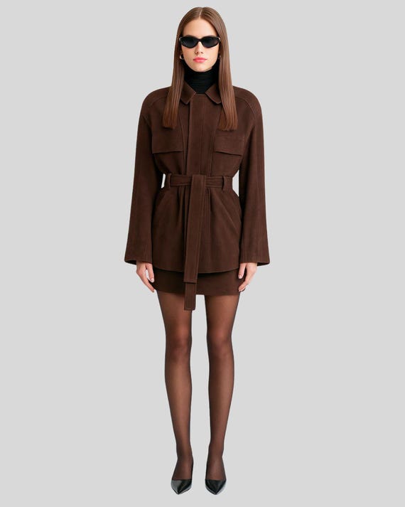 Belted Goatskin Suede Shirt Jacket - Dark Brown Utility Overshirt