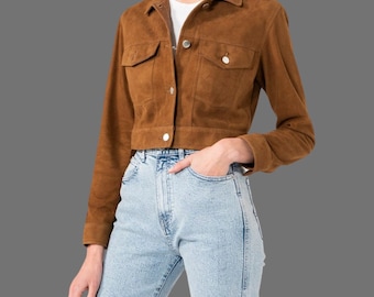 【THEAIRTOWN】vintage suede crop coat★ 60s 70s Suede Crop Jacket | Size S | Sheep Skin Collar