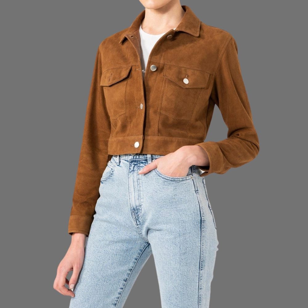 Cropped Suede Jacket Women, Brown Trucker Suede Jacket for