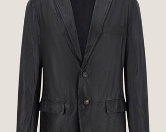 Handmade Lambskin Leather Blazer - Men's Black Two-Button Coat