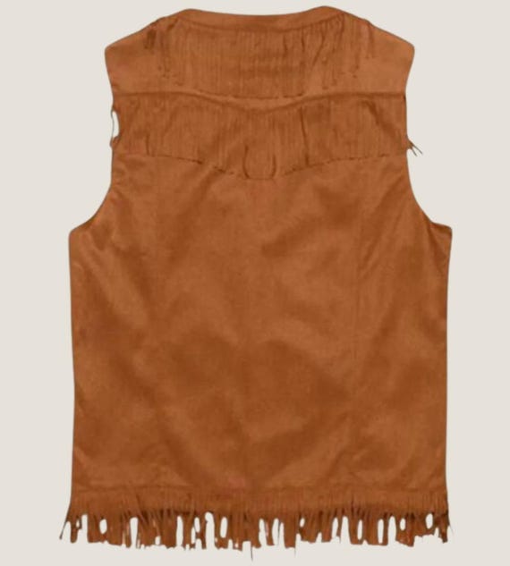 メンズブラウンスエードフリンジベスト：ハンドメイドウエスタン