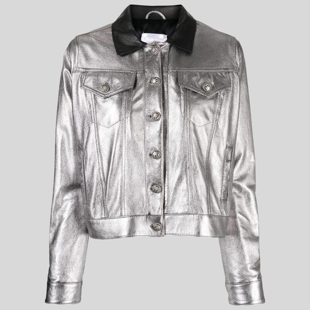 Metallic Silver Genuine Leather Jacket for Women – Luxe