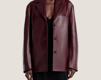 Women Burgundy Leather Blazer – Sheepskin Leather Jacket with Satin Lining, Luxury Tailored Leather Coat