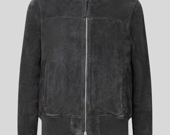 Handmade Lambskin Suede Bomber Jacket – Minimalist Black Leather Outerwear
