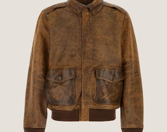 Men Distressed Leather Jacket – Vintage Brown Leather Bomber Jacket for Men – Classic Aviator Style Leather Outerwear - Gift For Him