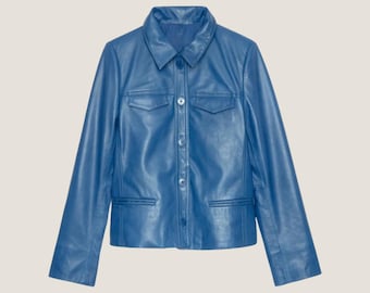 Blue Sheepskin Leather Jacket – Women's Cropped Vintage Style