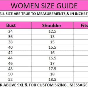 May include: A women's size guide with measurements in inches. The guide includes bust, shoulder, fits to chest, and sleeve measurements for sizes XXS to 5XL. The text "ALL SIZE ARE TRUE TO MEASUREMENTS & IN INCHES" is at the top.