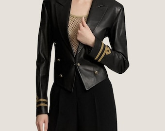 Handmade Sheepskin Leather Blazer – Black Tailored Jacket with Gold Trim