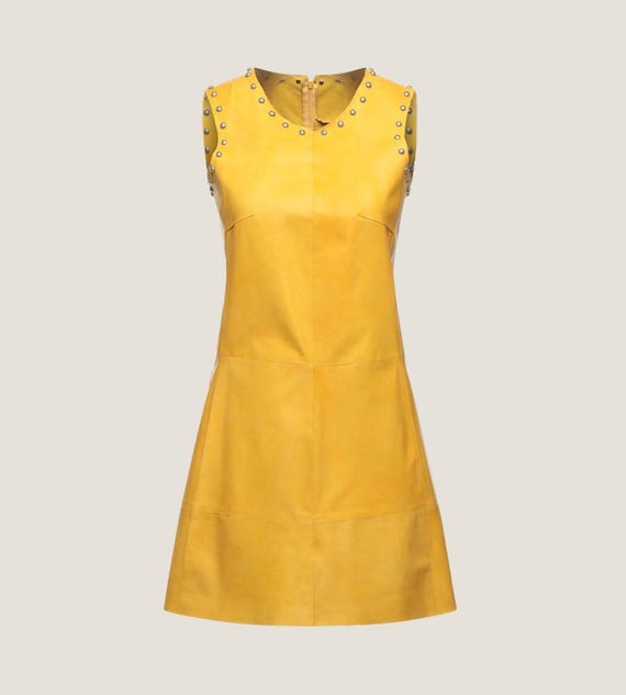 Studded Yellow Leather Mini Dress  Sleeveless A-line, Vintage Style - Etsy  Israel