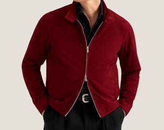 Men's Red Suede Bomber Jacket – Goatskin Leather, Satin Lined