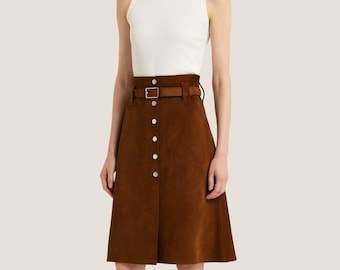 Handmade Brown Suede Midi Skirt – Vintage A-Line Belted Skirt
