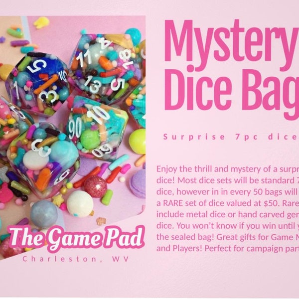 Mystery Dice Set! 7 TTRPG D&D dice. 1 in every 50 bags contains rare dice sets!