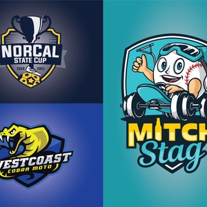 May include: Four different logos, each with a unique design. The top left logo is a blue and yellow shield with a trophy, the text "NorCal State Cup", and the years "2020" and "2021". The top right logo is a blue and yellow shield with a cartoon baseball character driving a go-kart, the text "Mitch Stag", and a pair of wings. The bottom left logo is a blue and yellow shield with a yellow cobra, the text "Westcoast Cobra Moto". The bottom right logo is a blue and yellow shield with a cartoon baseball character driving a go-kart, the text "Mitch Stag", and a pair of wings.