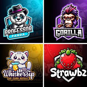 Könnte beinhalten: Vier farbenfrohe Logos mit Comic-Tieren. Das erste Logo ist ein Panda, der einen Fedora und eine Sonnenbrille trägt, mit dem Text "Professor Panda". Das zweite Logo ist ein Gorilla, der ein Bandana trägt und eine Zigarre raucht, mit dem Text "Gorilla". Das dritte Logo ist eine Katze, die ein Glas Orangensaft hält, mit dem Text "WhiskerSip Sip, Purr, Repeat.". Das vierte Logo ist eine Erdbeere mit dem Text "Strawbz".