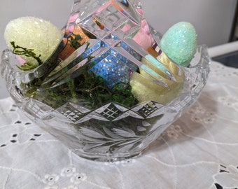 Vintage Heavy Cut Crystal Basket ~ Large Deep Cut Crystal Fruit Basket