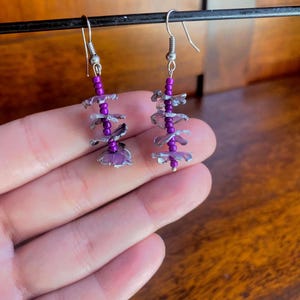 Purple Beaded Dangle Earrings: Recycled Plastic Petals, Boho Fringe