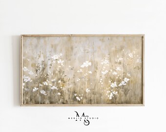 Spring Frame TV Art, Vintage Painting of Grass and Flower Field, White and Beige Colors, Easter Oil Painting, Samsung Frame TV, Digital