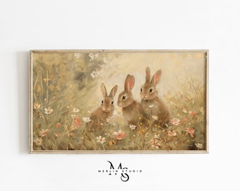 Easter Frame TV Art, Vintage Bunny Rabbits in a Spring Meadow Landscape, Samsung Frame TV Art, Farmhouse Aesthetic, Neutral and Muted Colors